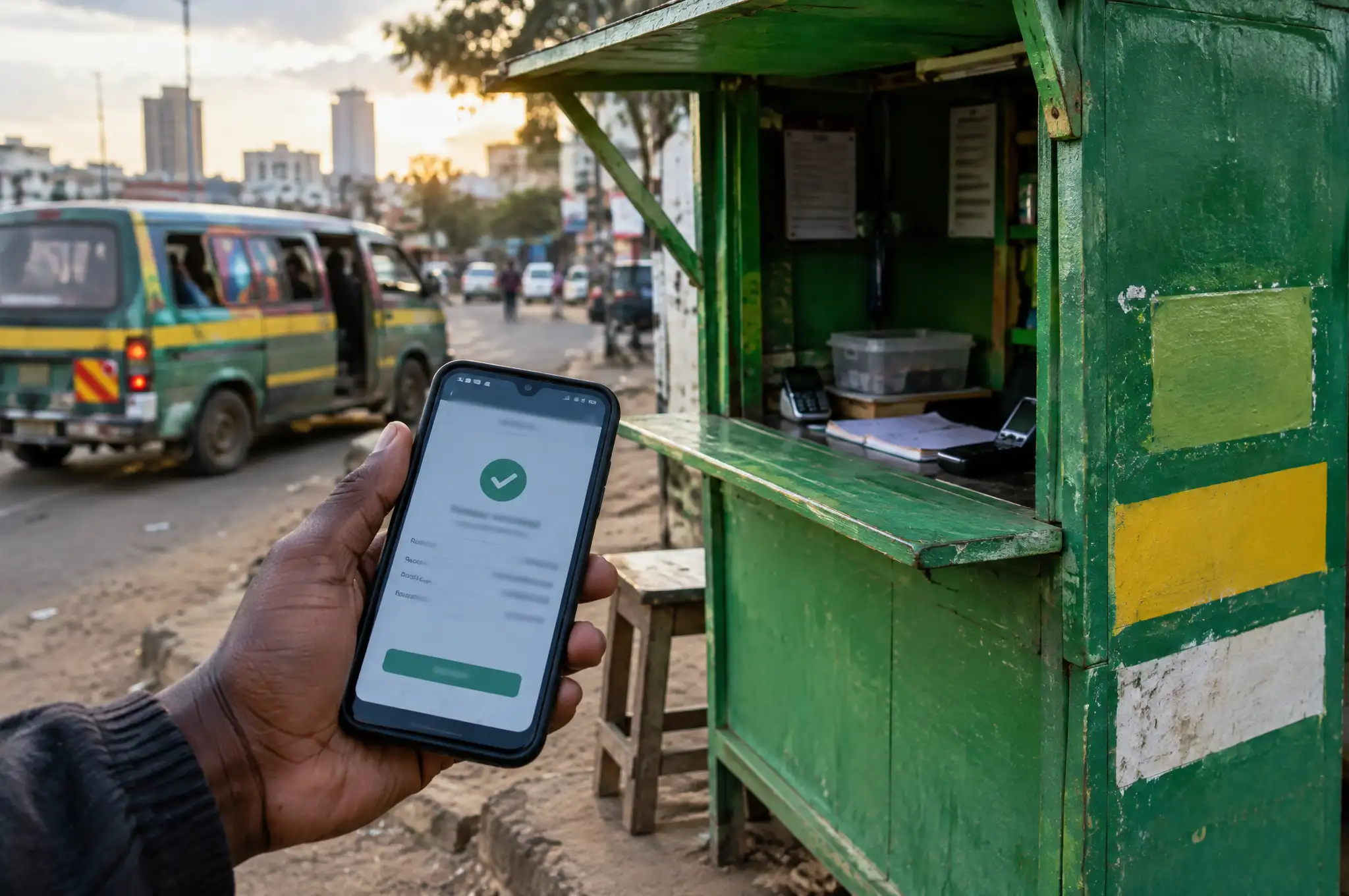 A hand holds up a phone showing a payment confirmation beside a green mobile-money kiosk, a matatu passing behind