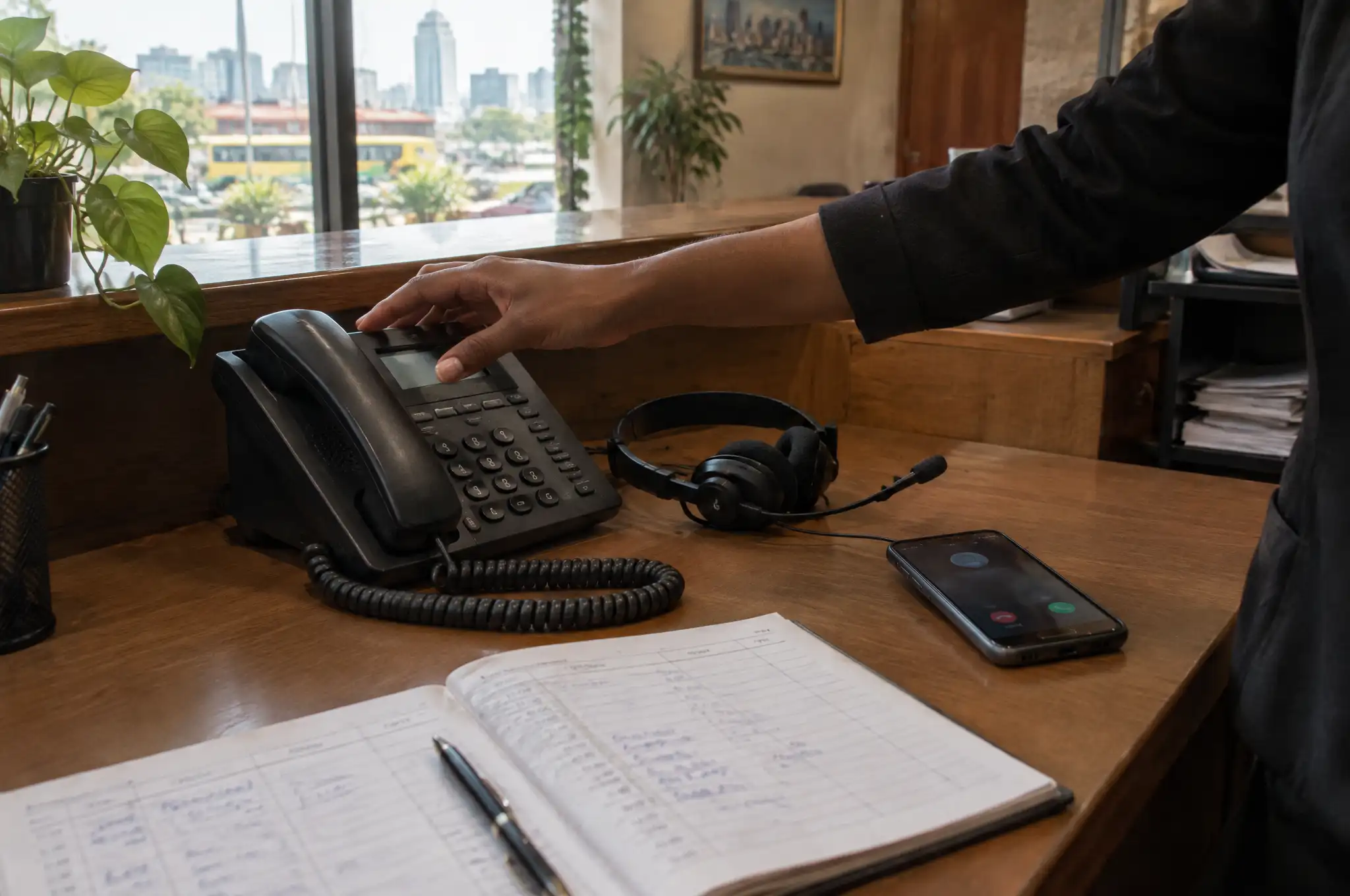 A hand reaches for a desk phone on a reception counter, beside a headset, a ringing mobile and an open call log